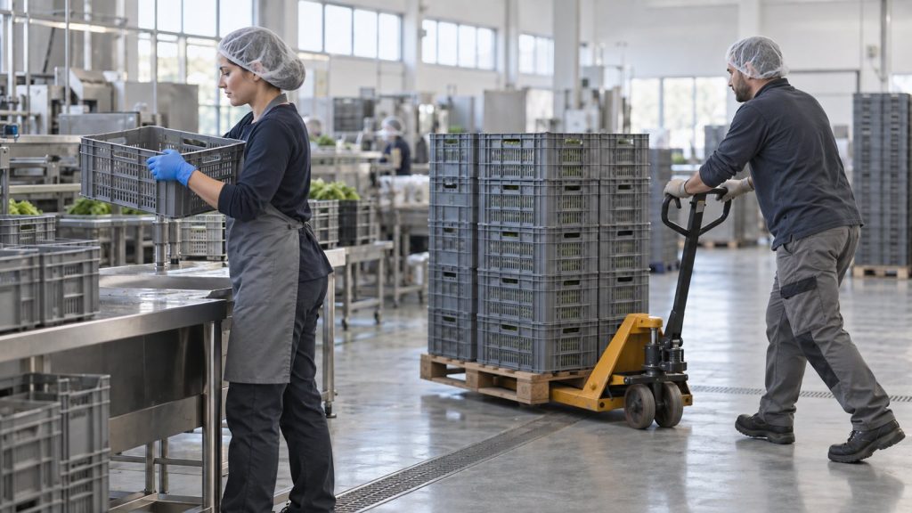 Ouvrière manipulant des caisses et ouvrier poussant un transpalette dans un atelier de conditionnement alimentaire