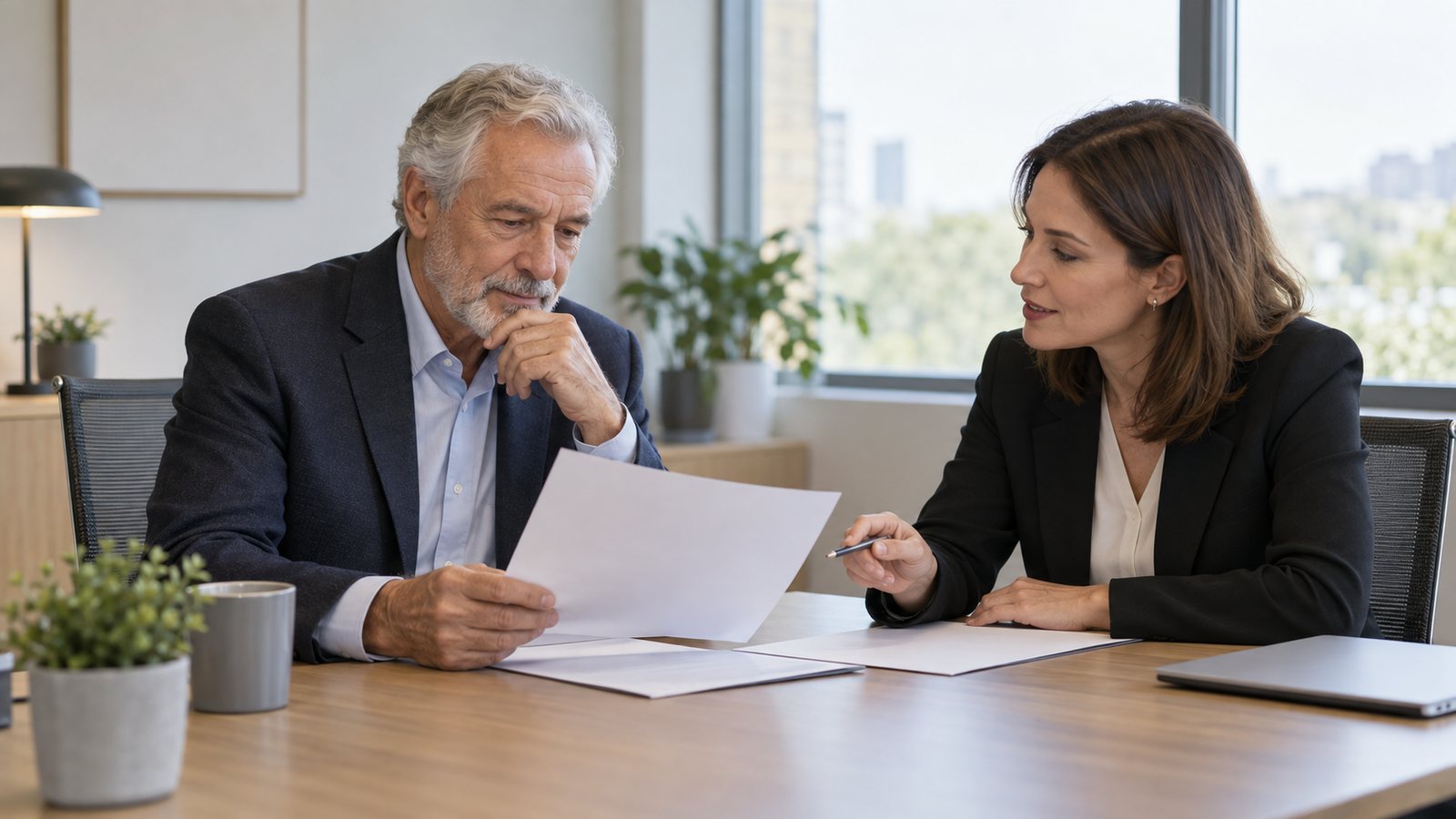 Entretien de parcours professionnel : employeur et salarié en discussion autour d'un dossier de développement des compétences