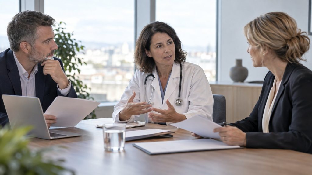 Réunion entre médecin du travail, DRH et assureur complémentaire pour définir une stratégie de prévention commune