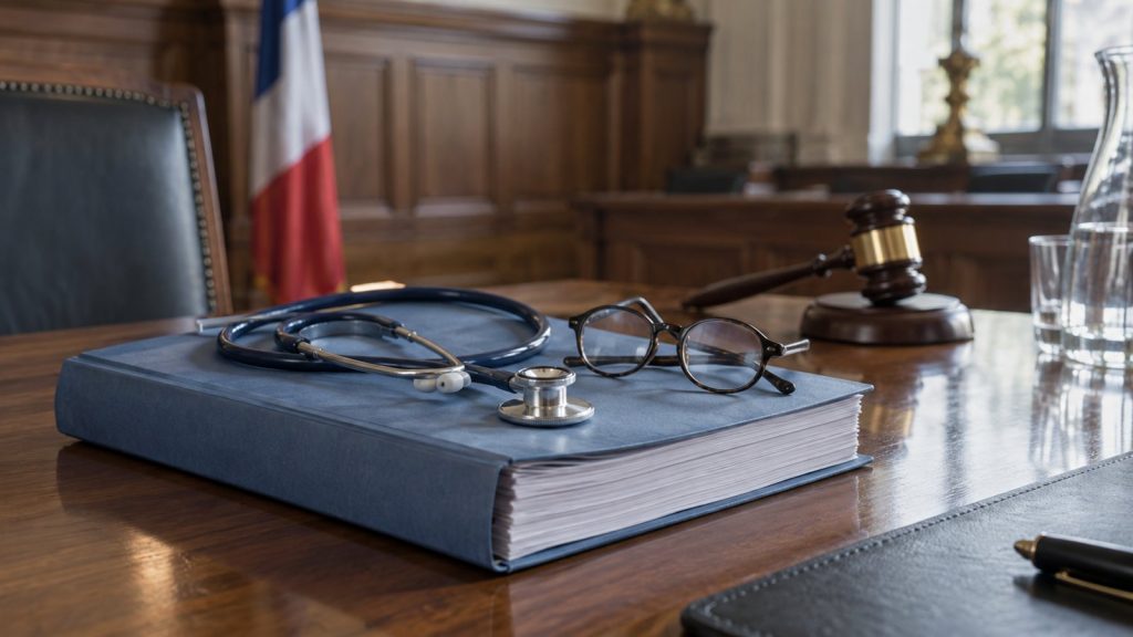 Dossier d’expertise médicale, stéthoscope et lunettes sur une table d’audience