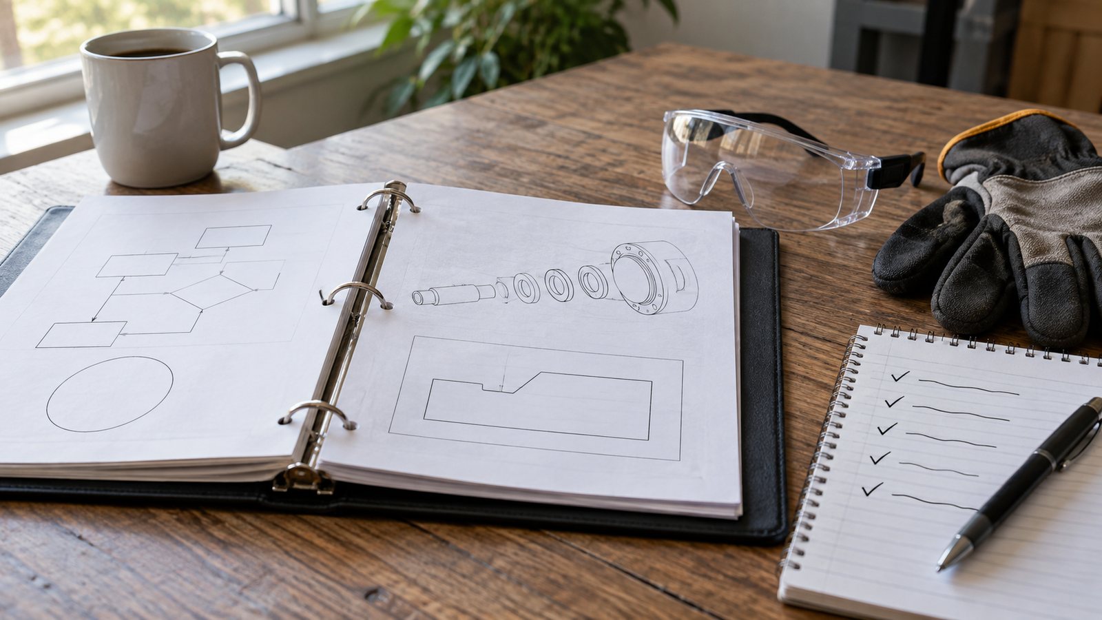 Classeur de formation, bloc-notes et équipements de protection sur une table de réunion
