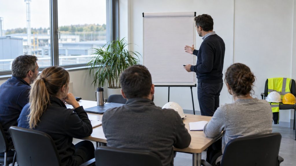 Formateur et élus du CSE en salle de formation santé sécurité