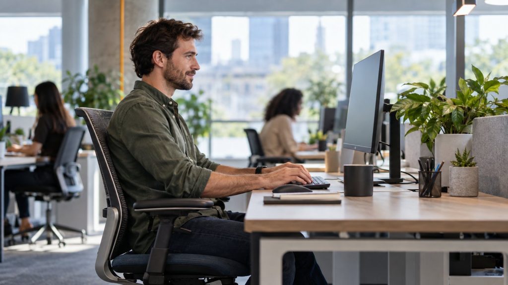 Salarié en posture ergonomique à son bureau, prévention des TMS au travail