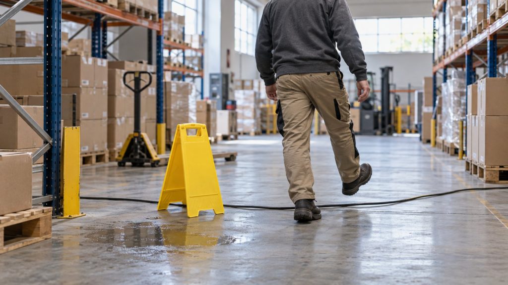 Sol glissant en entrepôt avec signalisation de sécurité - prévention chutes de plain-pied