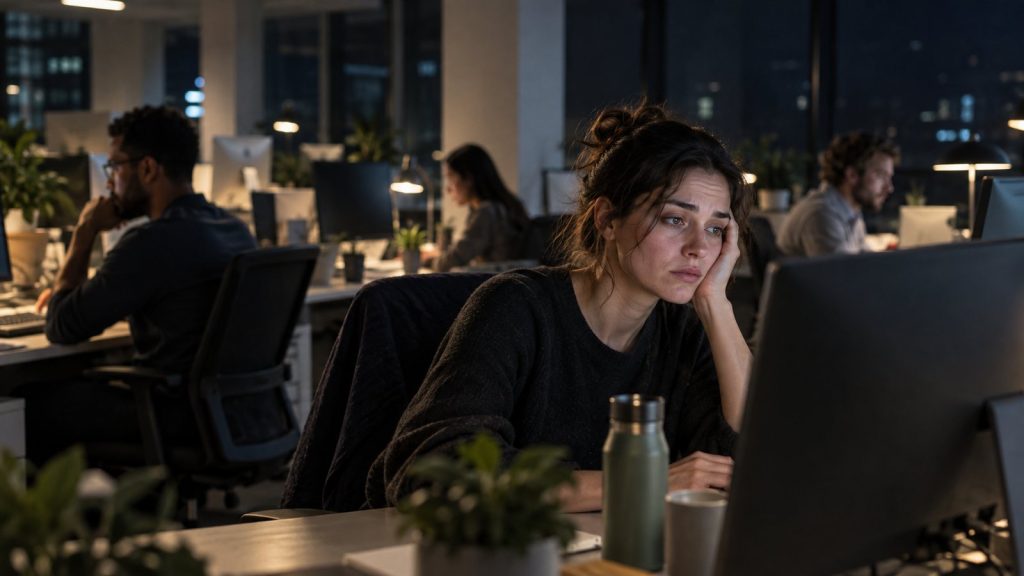 Salariés travaillant de nuit dans un bureau, symbolisant les horaires atypiques et leurs effets sur la santé au travail