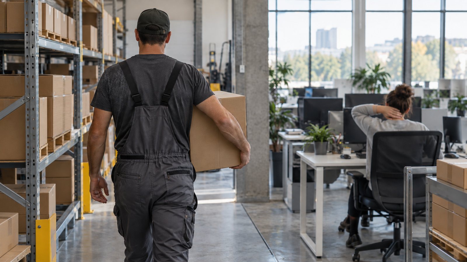 Préparateur de commandes portant un carton dans un entrepôt et salariée de bureau se massant la nuque à son poste