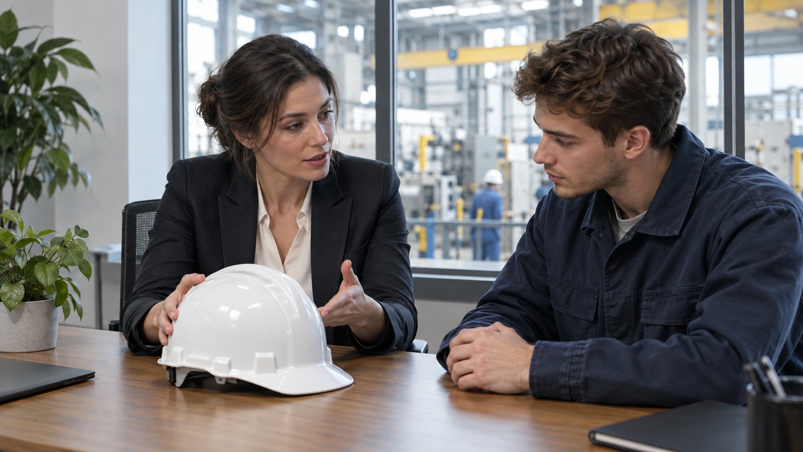 Jeune salarié en gilet haute visibilité recevant une consigne de sécurité d'un encadrant sur un site industriel