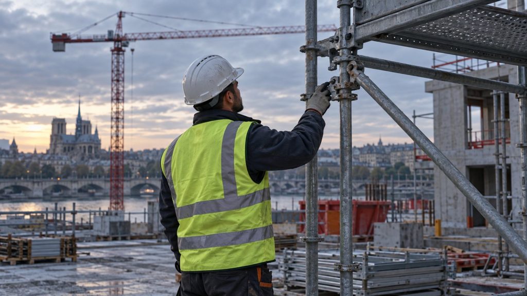 Ouvrier du batiment avec casque et gilet haute visibilite inspectant un echafaudage sur un chantier au petit matin