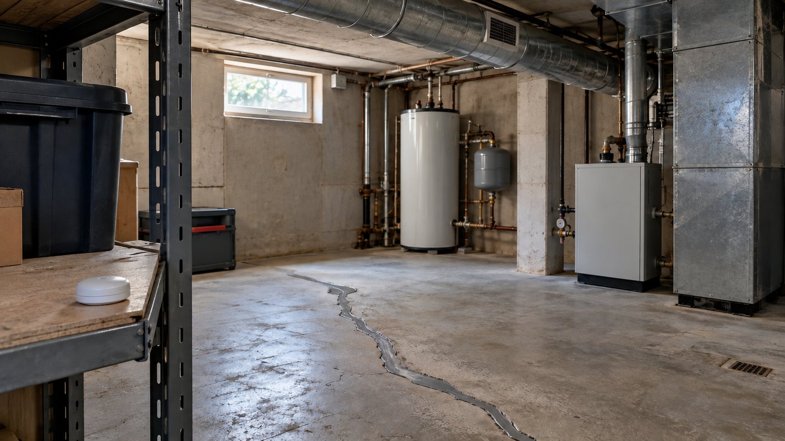 Local technique en sous-sol avec une fissure du dallage rebouchée et un détecteur passif de radon posé sur une étagère