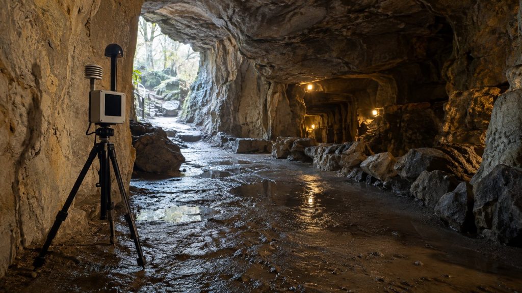 Galerie de grotte aménagée avec un appareil de mesure de l’air posé sur trépied près de la paroi