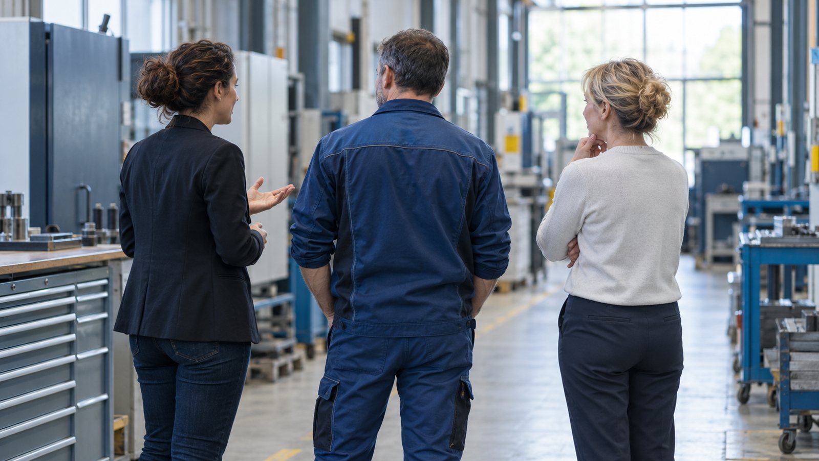 Échange entre trois personnes dans un atelier au sujet de l'organisation du travail