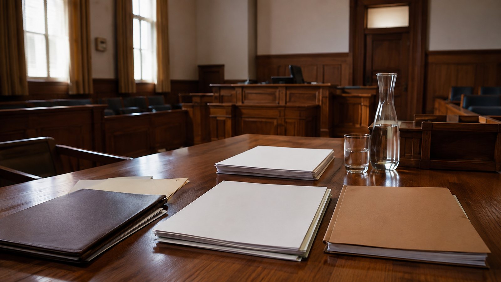 Documents juridiques sur une table lors d'une audience correctionnelle