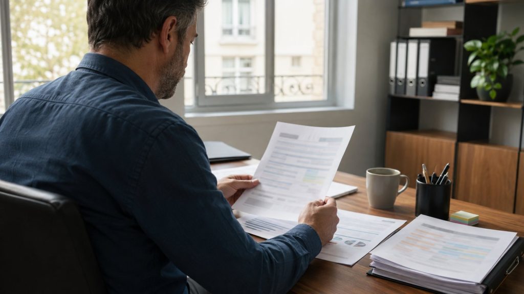 Dirigeant d'entreprise face à des documents réglementaires santé-sécurité