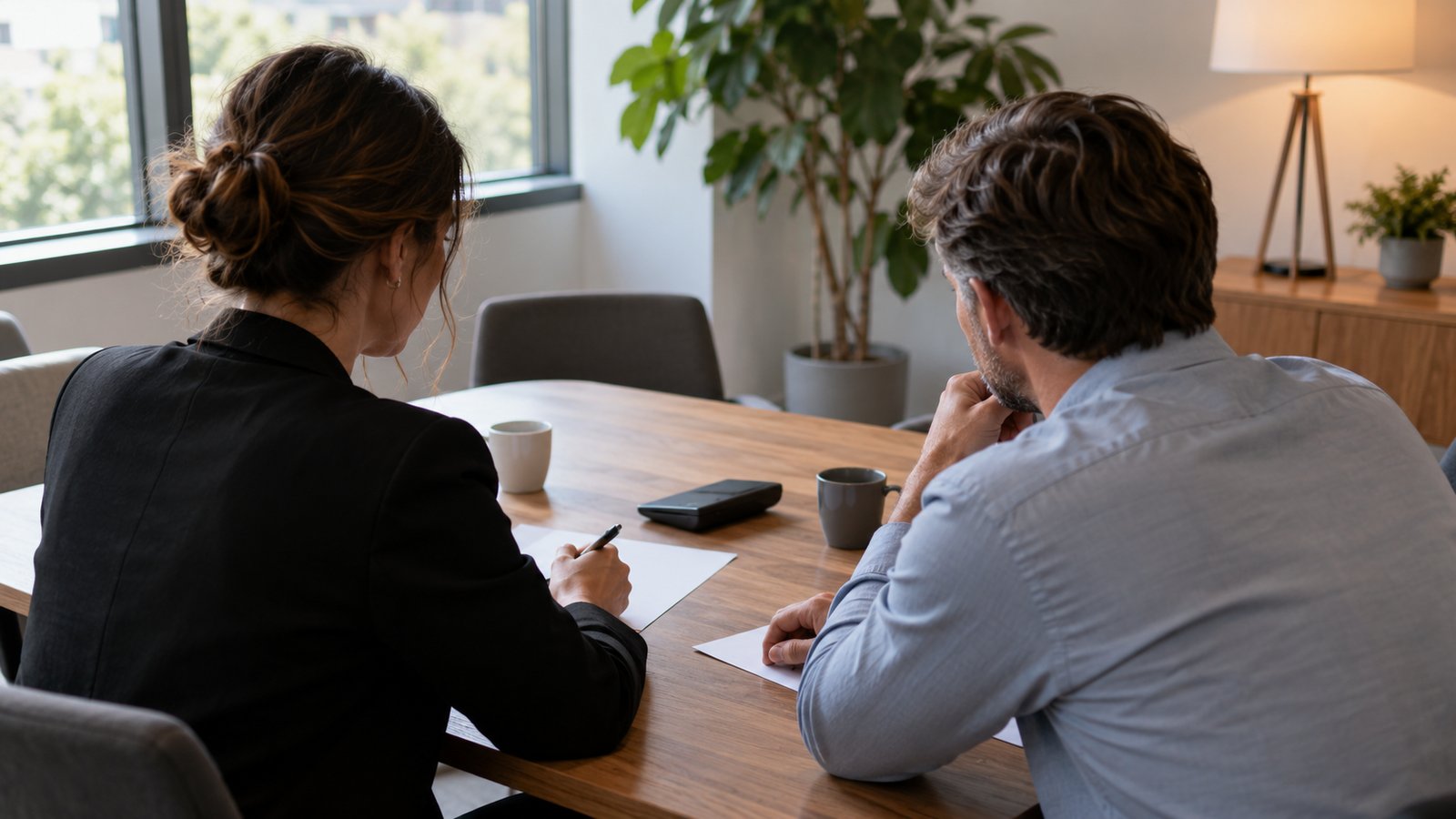 Dirigeant et responsable RH préparant le budget santé au travail de l'entreprise