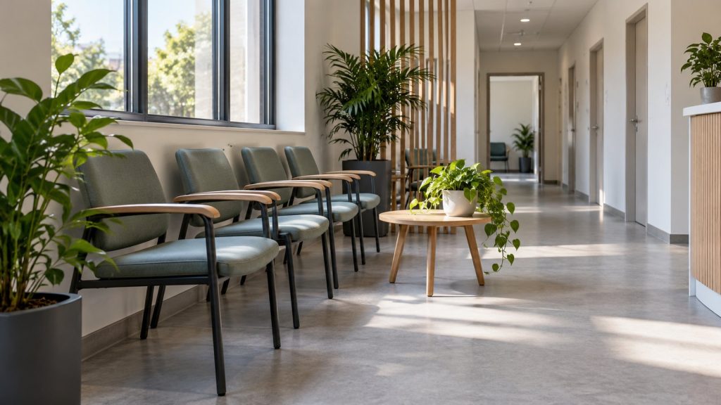 Salle d'attente lumineuse d'un service de prévention et de santé au travail interentreprises