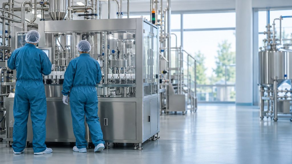 Techniciens sur une ligne de production pharmaceutique fermée