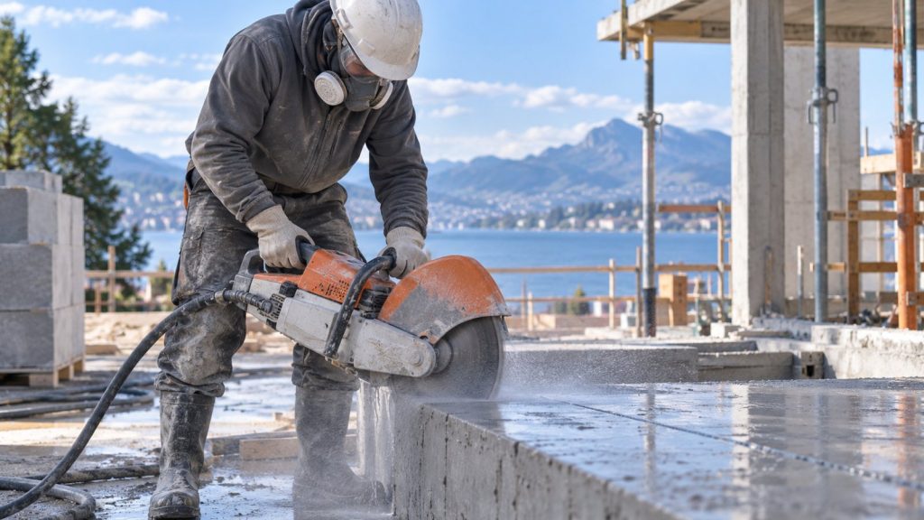 Opérateur protégé découpant du béton avec apport d’eau