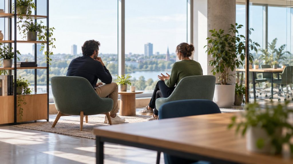 Deux collègues discutent dans un espace de travail lumineux