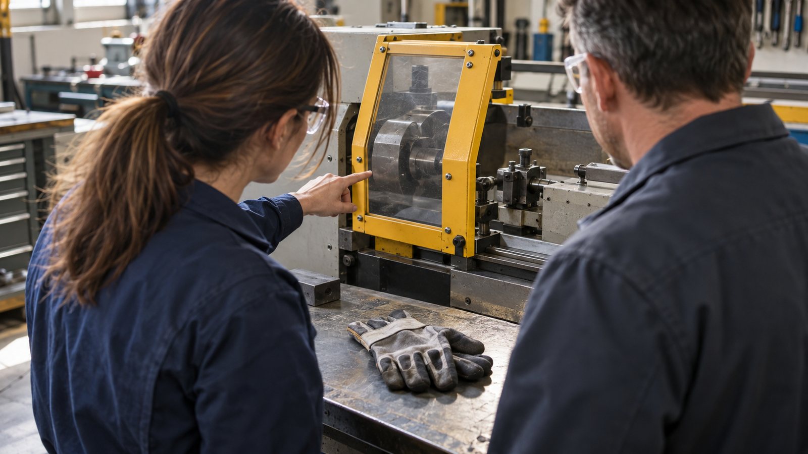 Échange en atelier autour d'une protection de machine et de gants de sécurité