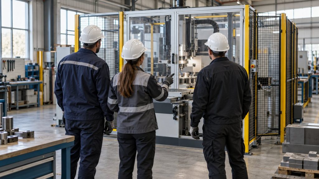 Équipe examinant une machine protégée dans un atelier
