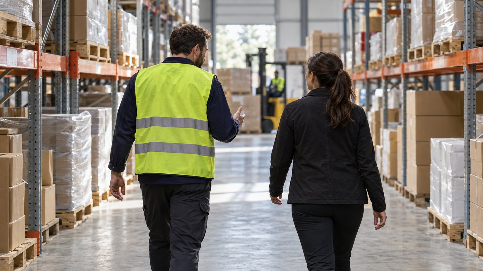 Deux représentants du personnel observent les conditions de travail dans une allée d'entrepôt