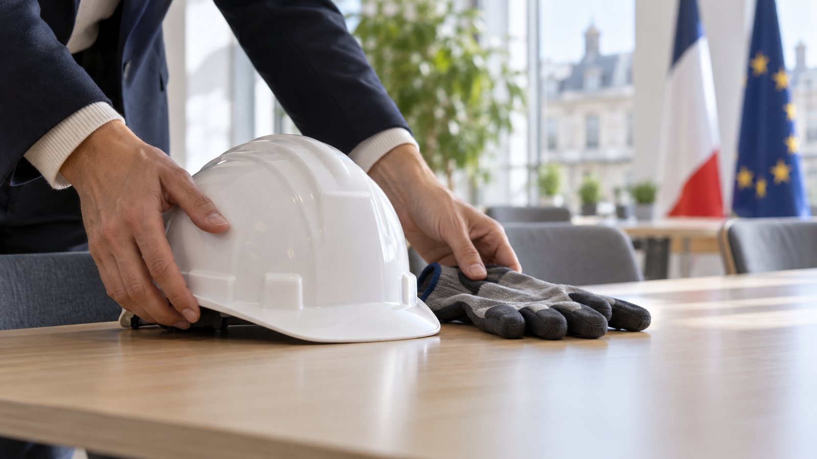 Équipements de protection posés sur une table lors d'un échange de prévention