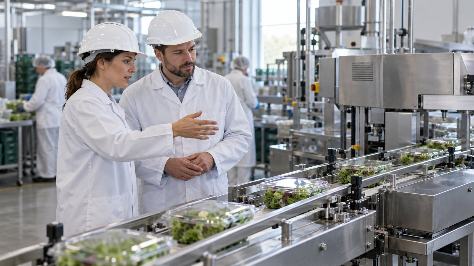Une responsable prévention et un chef d'équipe observent une ligne de conditionnement dans un atelier agroalimentaire