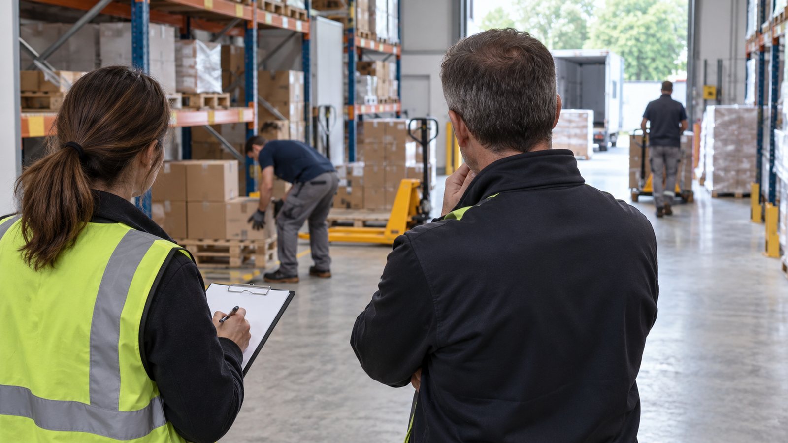 Professionnels de la prévention observant la manutention dans un entrepôt