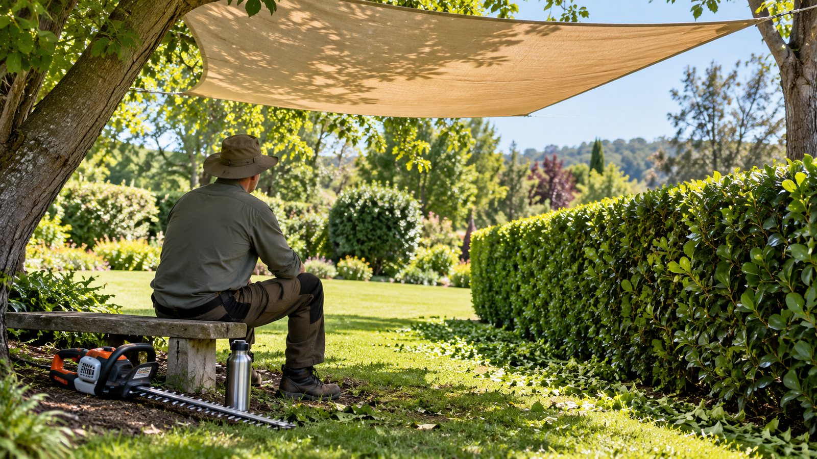 Paysagiste en pause à l'ombre d'une toile tendue dans un jardin ensoleillé
