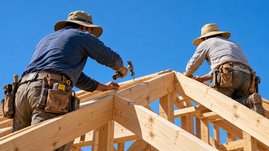 Deux ouvriers du bâtiment travaillant sur une charpente en plein soleil, chapeaux à large bord