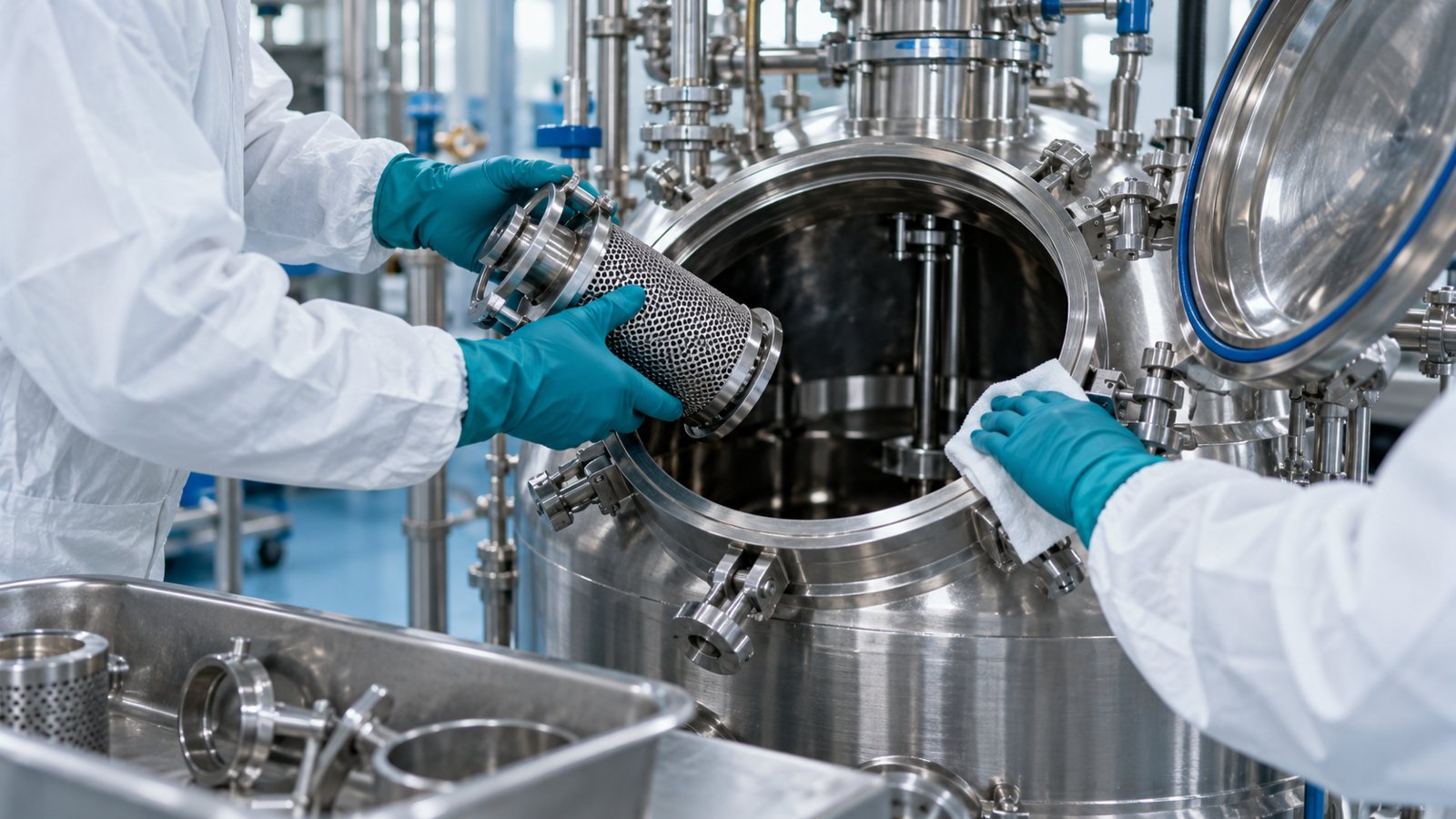 Techniciens nettoyant un équipement industriel fermé