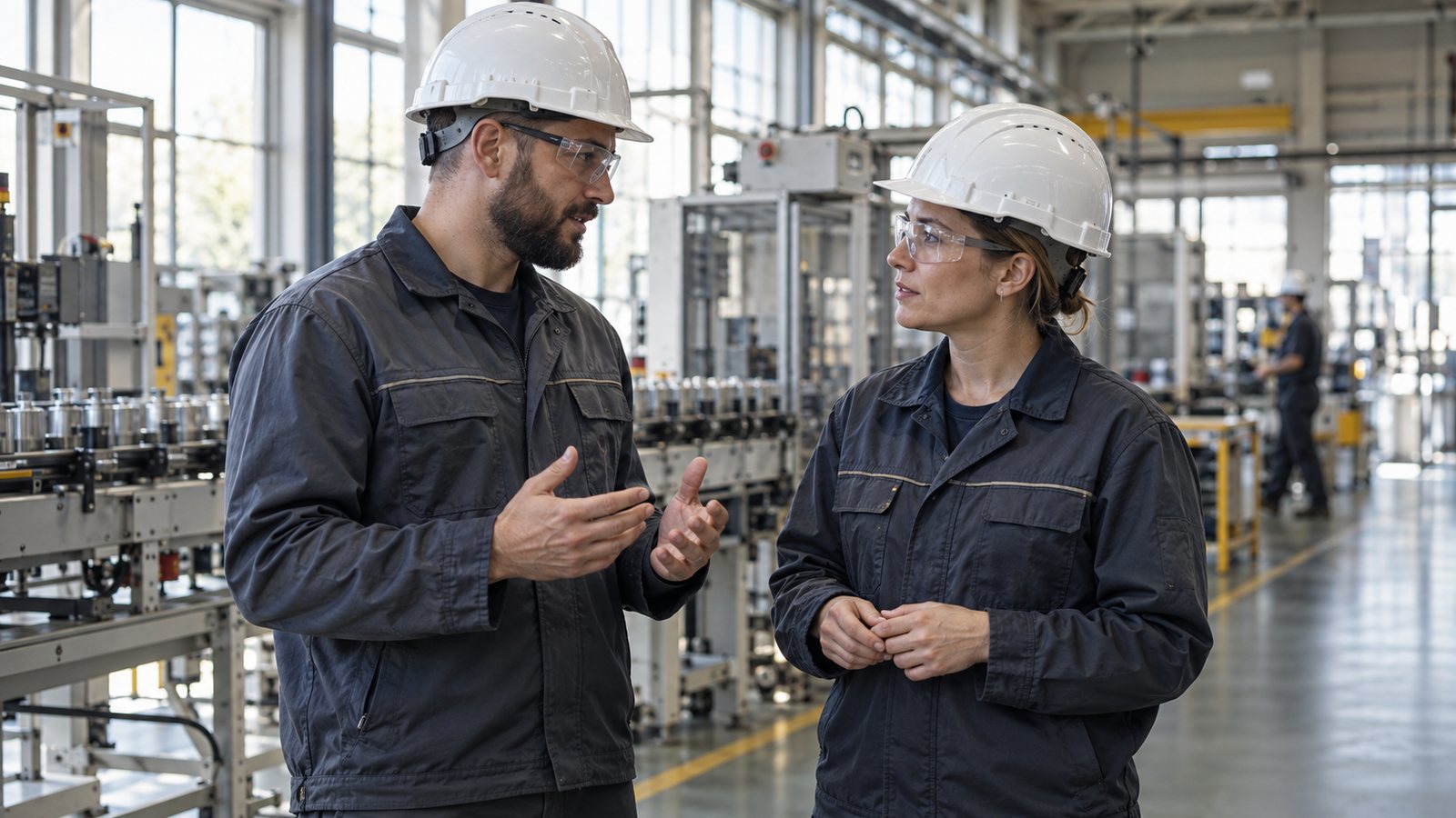 Deux salariés en équipement de protection individuelle échangeant devant une ligne de production
